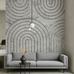 Tapeta geometryczna w łuki ścienna do nowoczesnego wnętrza winylowa na flizelinie z geometrycznym wzorem łuków w stylu art déco, matowe wykończenie, kolor szary.