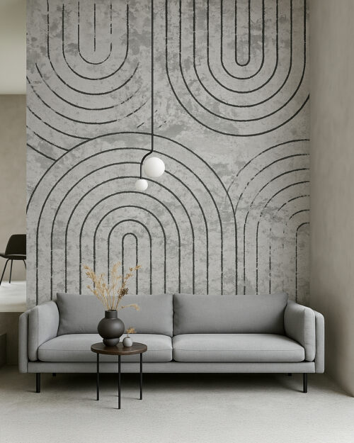Tapeta geometryczna w łuki ścienna do nowoczesnego wnętrza winylowa na flizelinie z geometrycznym wzorem łuków w stylu art déco, matowe wykończenie, kolor szary.