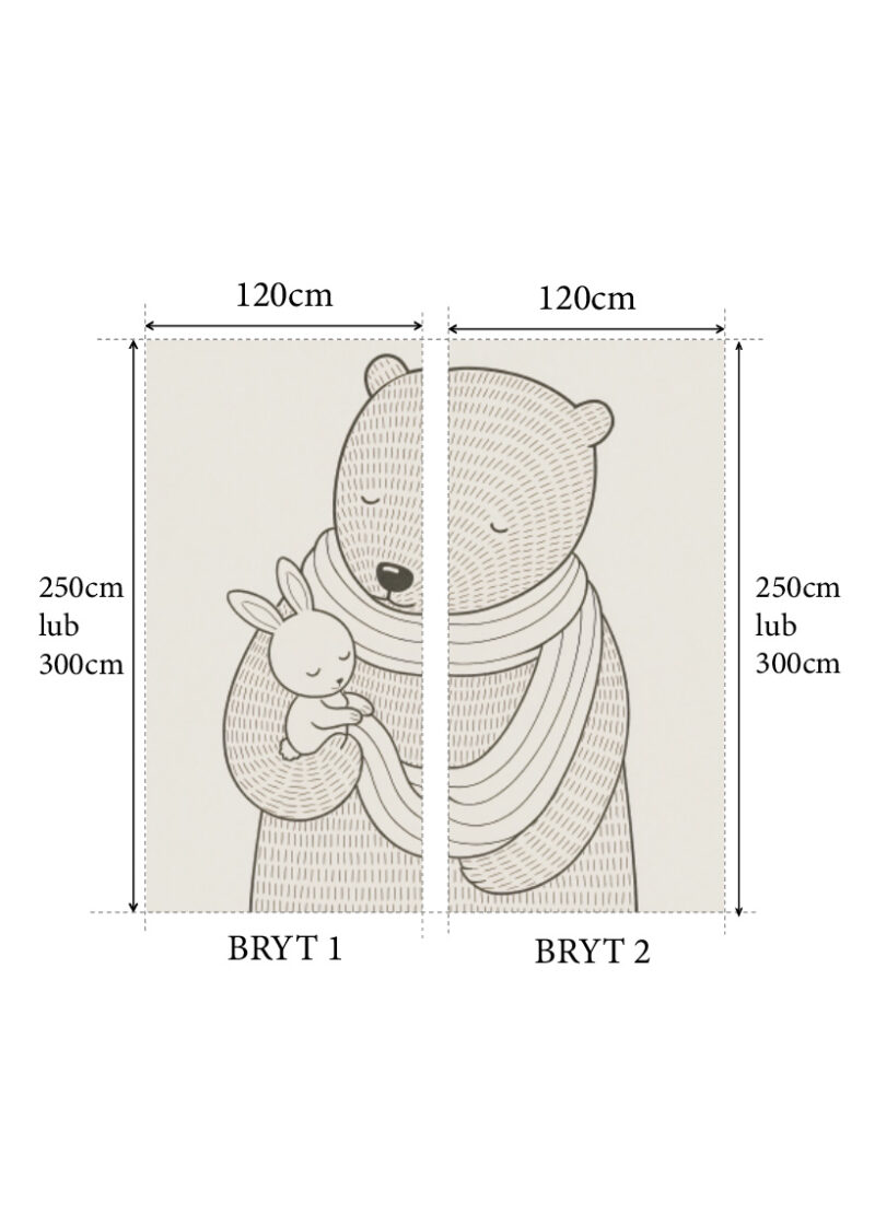 Tapeta Cozy – tapeta winylowa na fizelinie dla dzieci w dwóch brytach 120 cm. Przedstawienie formatu i podziału tapety Cozy na bryty.