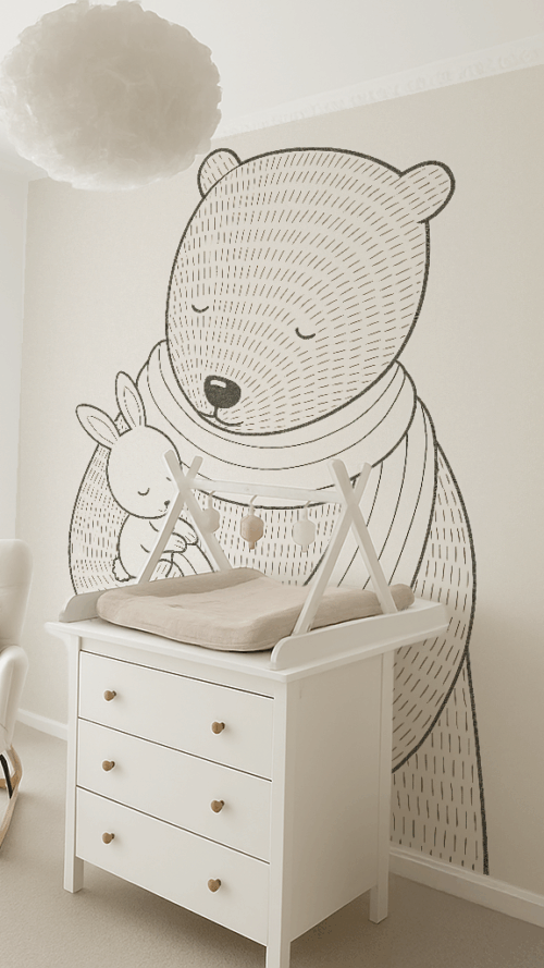 Tapeta Cozy – tapeta dziecięca z misiem i króliczkiem w stylu minimalistycznym.Prezentacja wyglądu tapety Cozy na ścianie dziecięcego pokoju.