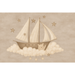 Tapeta dziecięca Sailing z żaglówką i chmurkami, podzielona na trzy bryty. Wymiary 360x250 cm lub 360x300 cm. Możliwość zamówienia na wymiar