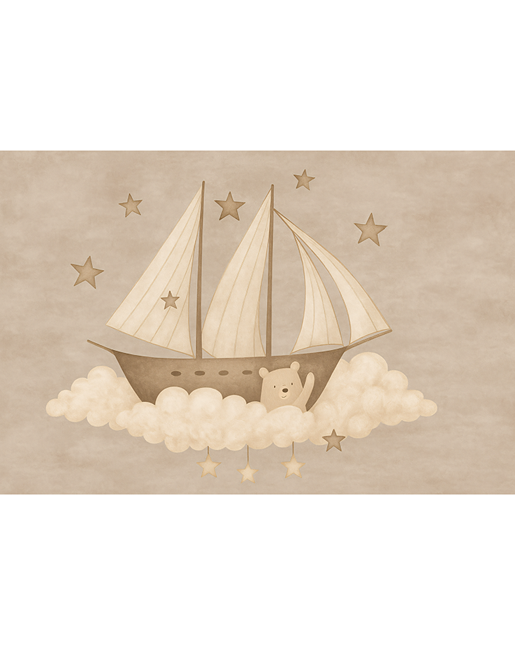 Tapeta dziecięca Sailing z żaglówką i chmurkami, podzielona na trzy bryty. Wymiary 360x250 cm lub 360x300 cm. Możliwość zamówienia na wymiar