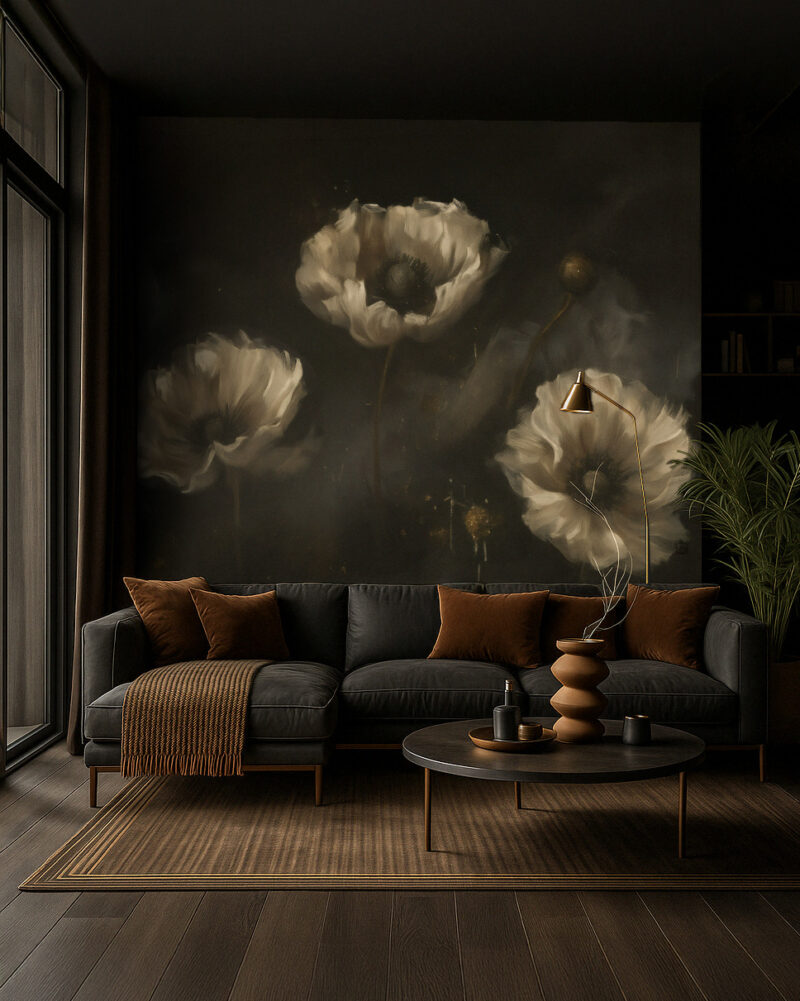 Tapeta Floral Eclipse – ciemna tapeta z dużymi malowanymi kwiatami. Inspiracja wnętrzarska z wykorzystaniem tapety Floral Eclipse.