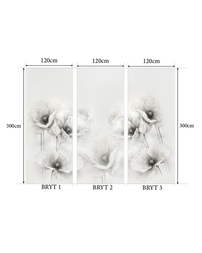 Szara tapeta z motywem maków, na ścianie o wymiarach 120 cm szerokości i 300 cm wysokości, ozdobiona delikatnym, artystycznym wzorem w odcieniach szarości i bieli