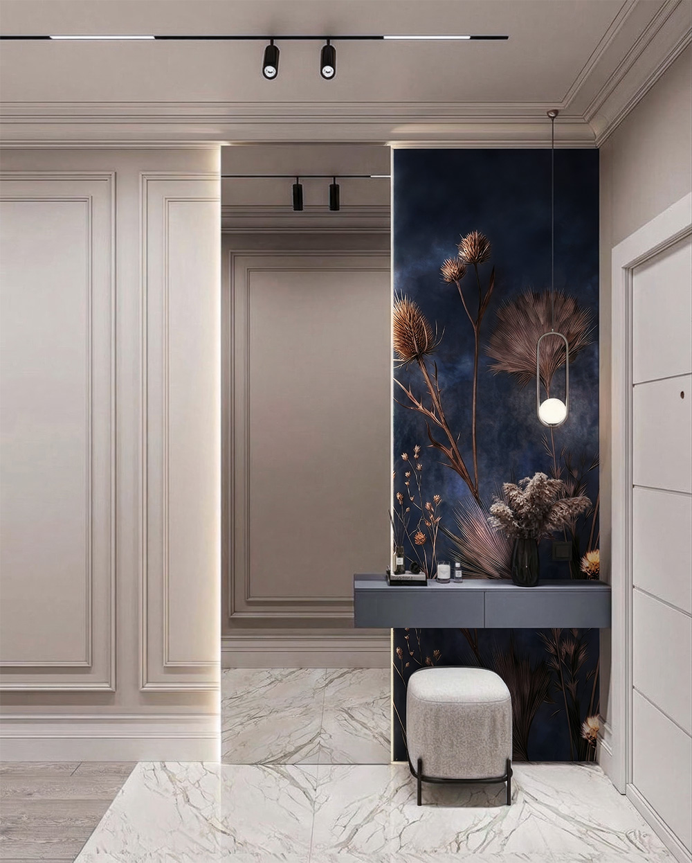 Nowoczesna aranżacja przedpokoju z granatową tapetą w suszone rośliny, szarą konsolą i białą marmurową podłogą.