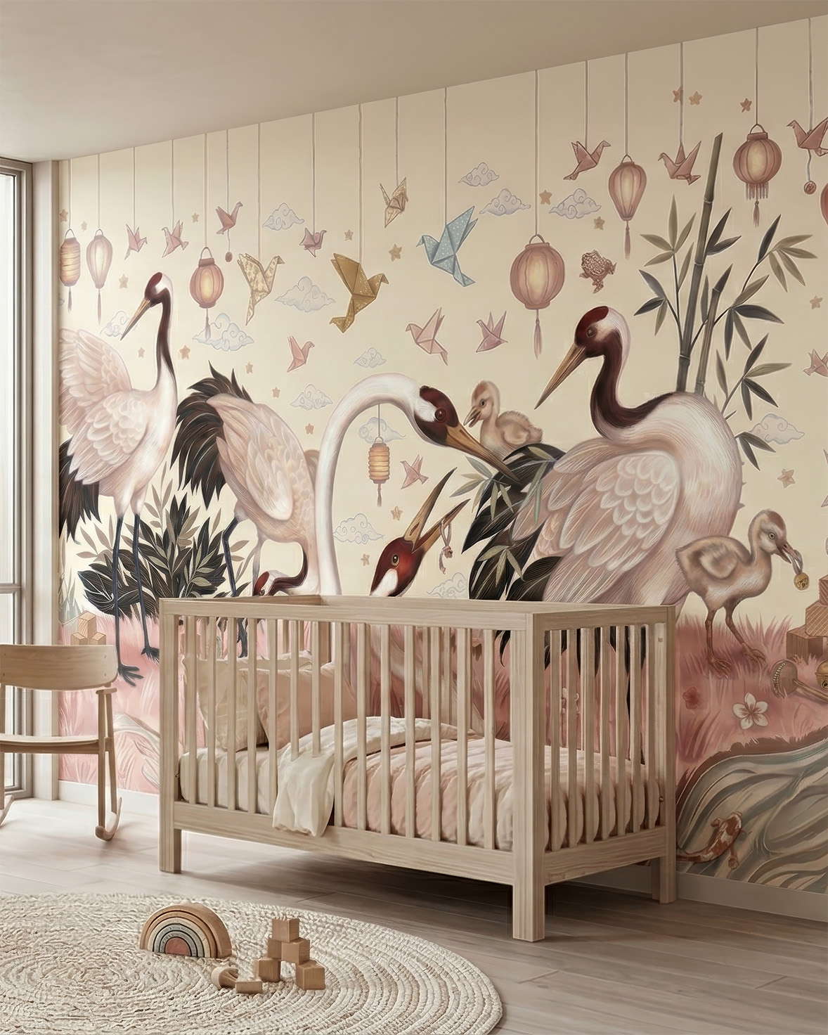 Podaruj swojemu dziecku przestrzeń pełną spokoju, uroku i inspiracji. Tapeta Premium "Blush Origami" to coś więcej niż tylko dekoracja ścienna; to ilustrowana opowieść, która ożywa na ścianach pokoju.