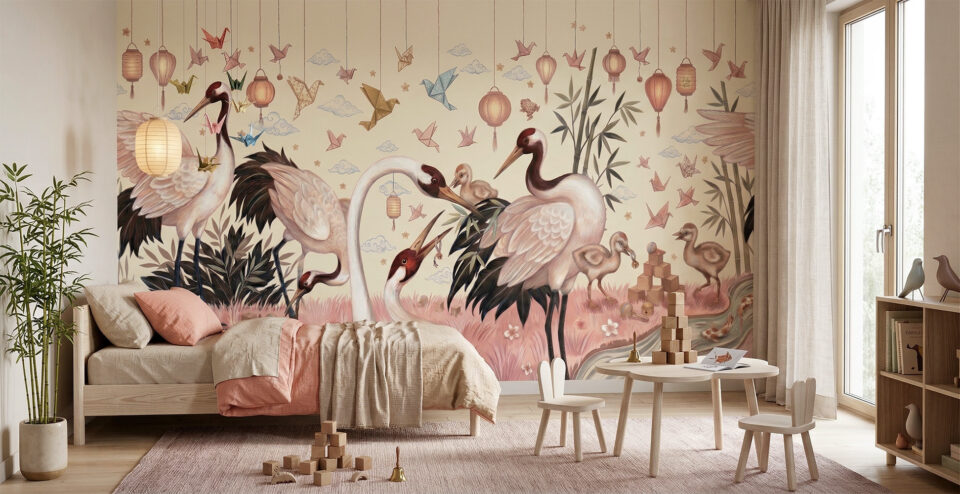 Szczegółowy wzór tapety "Blush Origami" przedstawiający ilustrowane żurawie koroniaste, wiszące papierowe ptaki origami, tradycyjne lampiony i bambus na kremowym tle z różową trawą.