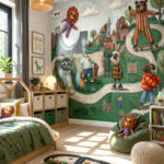 Nowoczesny pokój dziecięcy z dużą ścianą pokrytą artystyczną tapetą przedstawiającą wyluzowane zwierzęta w okularach jeżdżące na deskorolkach i rowerach, jasne wnętrze z miękkimi tekstyliami i strefą zabawy.