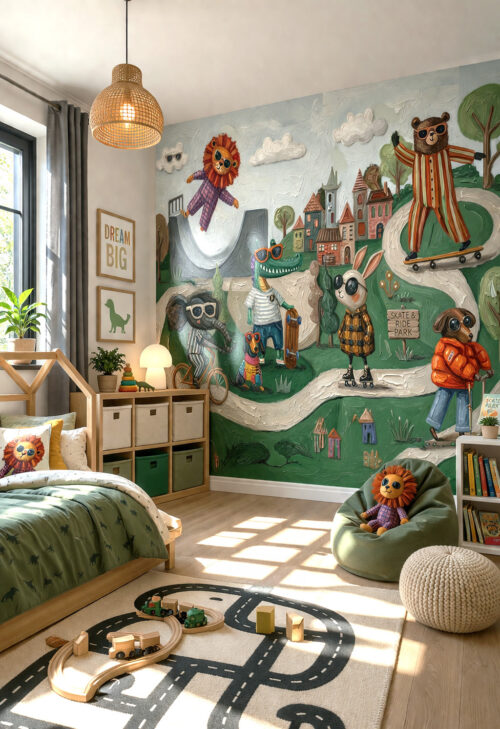 Nowoczesny pokój dziecięcy z dużą ścianą pokrytą artystyczną tapetą przedstawiającą wyluzowane zwierzęta w okularach jeżdżące na deskorolkach i rowerach, jasne wnętrze z miękkimi tekstyliami i strefą zabawy.