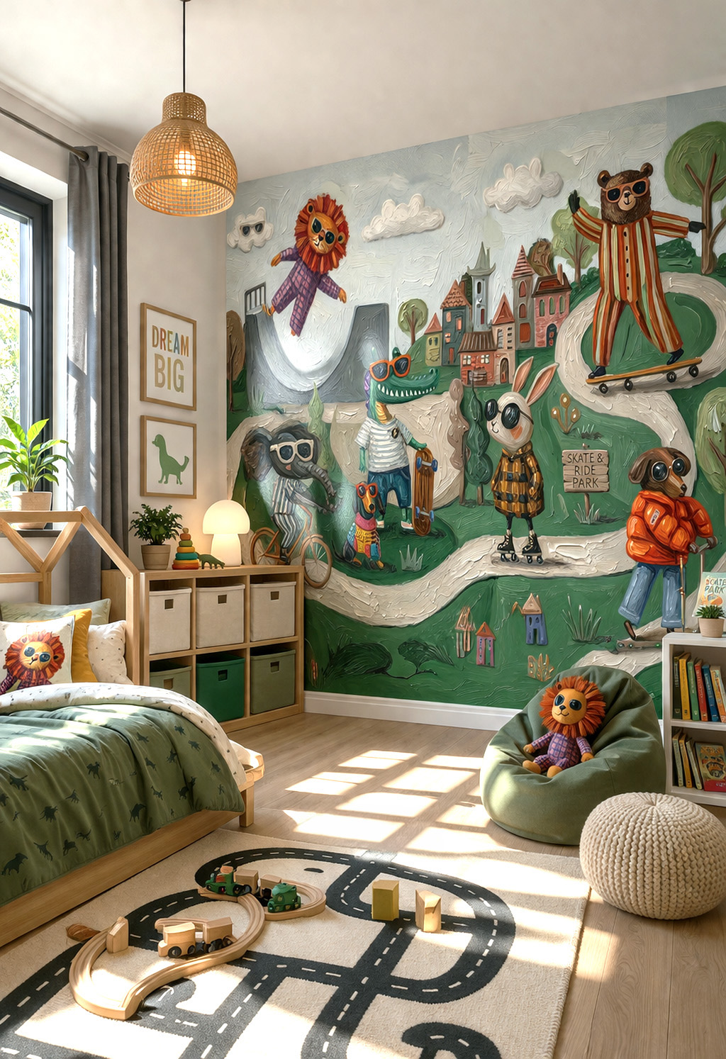 Nowoczesny pokój dziecięcy z dużą ścianą pokrytą artystyczną tapetą przedstawiającą wyluzowane zwierzęta w okularach jeżdżące na deskorolkach i rowerach, jasne wnętrze z miękkimi tekstyliami i strefą zabawy.