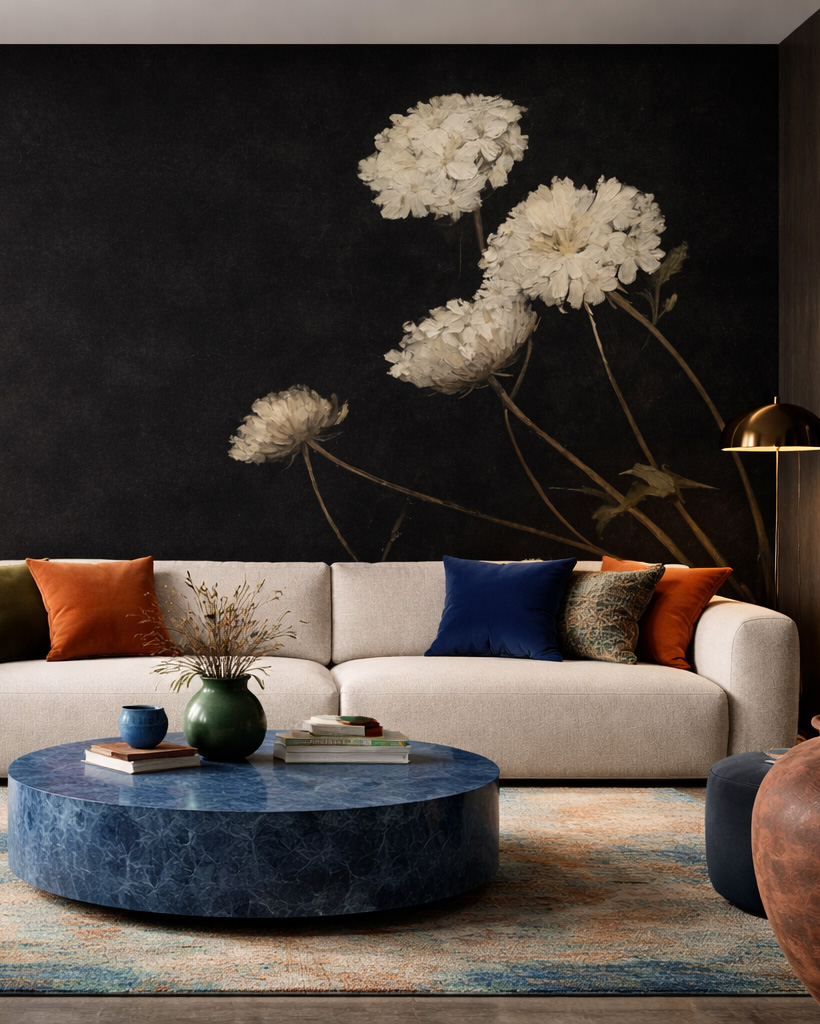 Nowoczesne wnętrze salonu z ciemną tapetą w białe kwiaty na czarnym tle. Tapeta Silent Bloom czarna z białymi kwiatami