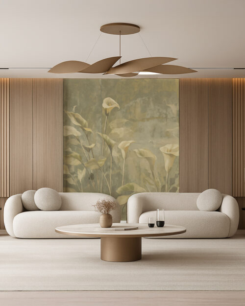 Ekskluzywna tapeta ścienna w kwiaty calla w stonowanych beżowych i szałwiowych odcieniach, gruba tapeta flizelinowa premium do eleganckiego salonu i sypialni.