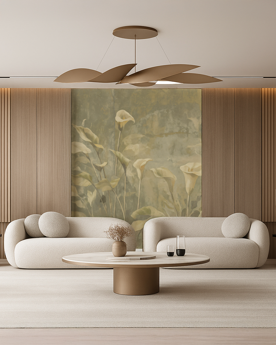 Ekskluzywna tapeta ścienna w kwiaty calla w stonowanych beżowych i szałwiowych odcieniach, gruba tapeta flizelinowa premium do eleganckiego salonu i sypialni.