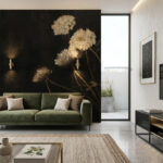 Nowoczesny salon z ciemną fototapetą przedstawiającą duże, białe kwiaty o malarskiej strukturze na czarnym tle. Przed ścianą stoi oliwkowa, aksamitna sofa, a obok rośnie figowiec dębolistny.