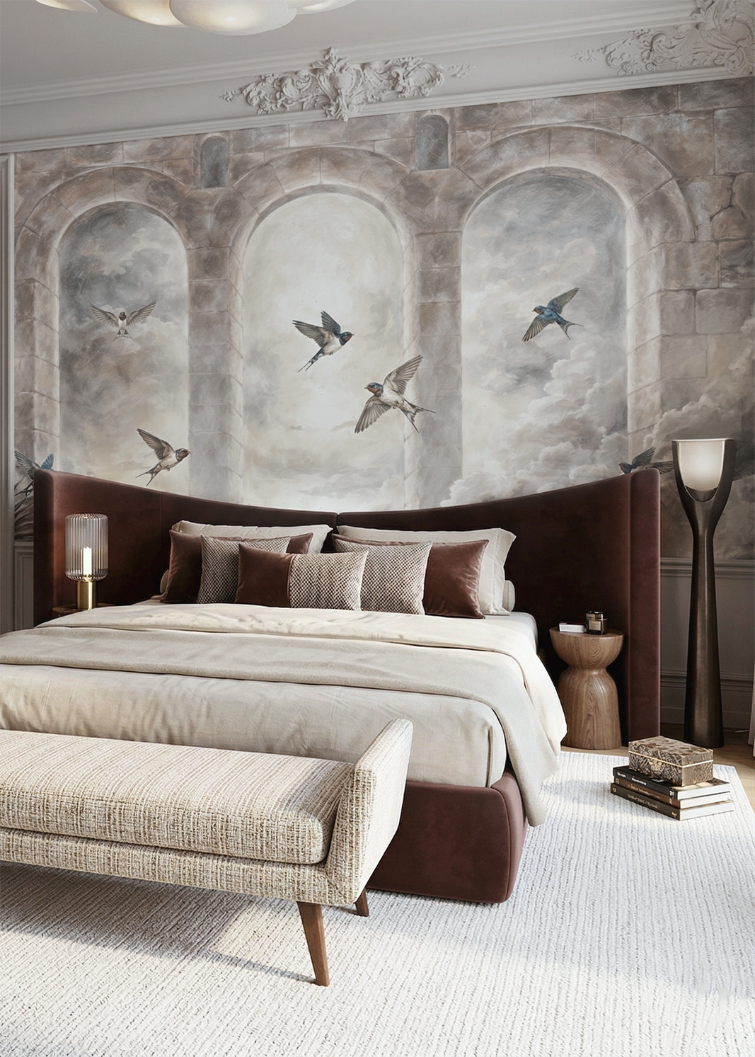 Luksusowa sypialnia z muralem przedstawiającym kamienne arkady i dymówki na tle jasnego, zachmurzonego nieba. Fototapeta premium w stylu klasycznym. Tapeta z Arkadami i Dymówkami