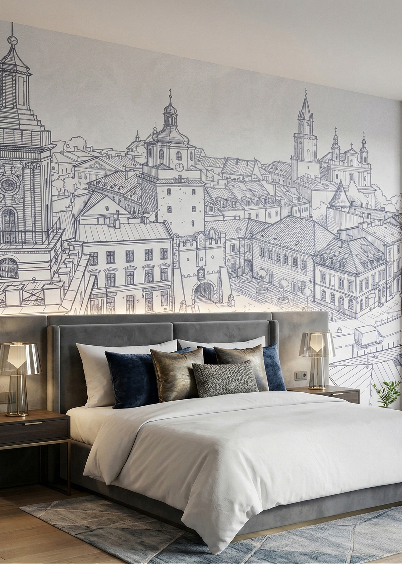 Na lewym pierwszym planie tapety widać wyraźnie Bramę Krakowską z jej wieżą zegarową, a centralnie dużą bramę miejską i liczne skrupulatnie odwzorowane kamienice Starego Miasta. Przed tapetą stoi niebieska aksamitna kanapa w kształcie litery L, geometryczny stolik kawowy i nowoczesne lampy. Całość wnętrza uzupełniają betonowe ściany, drewniane podłogi i wysoki sufit z ukrytym oświetleniem.