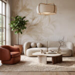 Tapeta beżowa w Lilie "Sand Lily" Japandi. Kadr z wnętrza nowoczesnego salonu z widokiem na sofę, fotel i okno. Główna ściana pokryta jest beżową tapetą Sand Lily z subtelnym wzorem botanicznym. Pośrodku znajduje się obła sofa z tkaniny boucle w kolorze owsianki, a obok niej skórzany fotel terakota. Przed sofą stoi stolik kawowy o nieregularnym kształcie z trawertynu i drewna. Pod stopami dywan z juty o ciekawej fakturze. Po lewej stronie duże, wielo-dzielne okno wychodzące na ogród. Nad stolikiem wisi pleciona lampa wisząca. W kompozycji widać również dużą roślinę Fikus Lyrata w terakotowej donicy, nowoczesną konsolę z ceramiką i dekoracje.