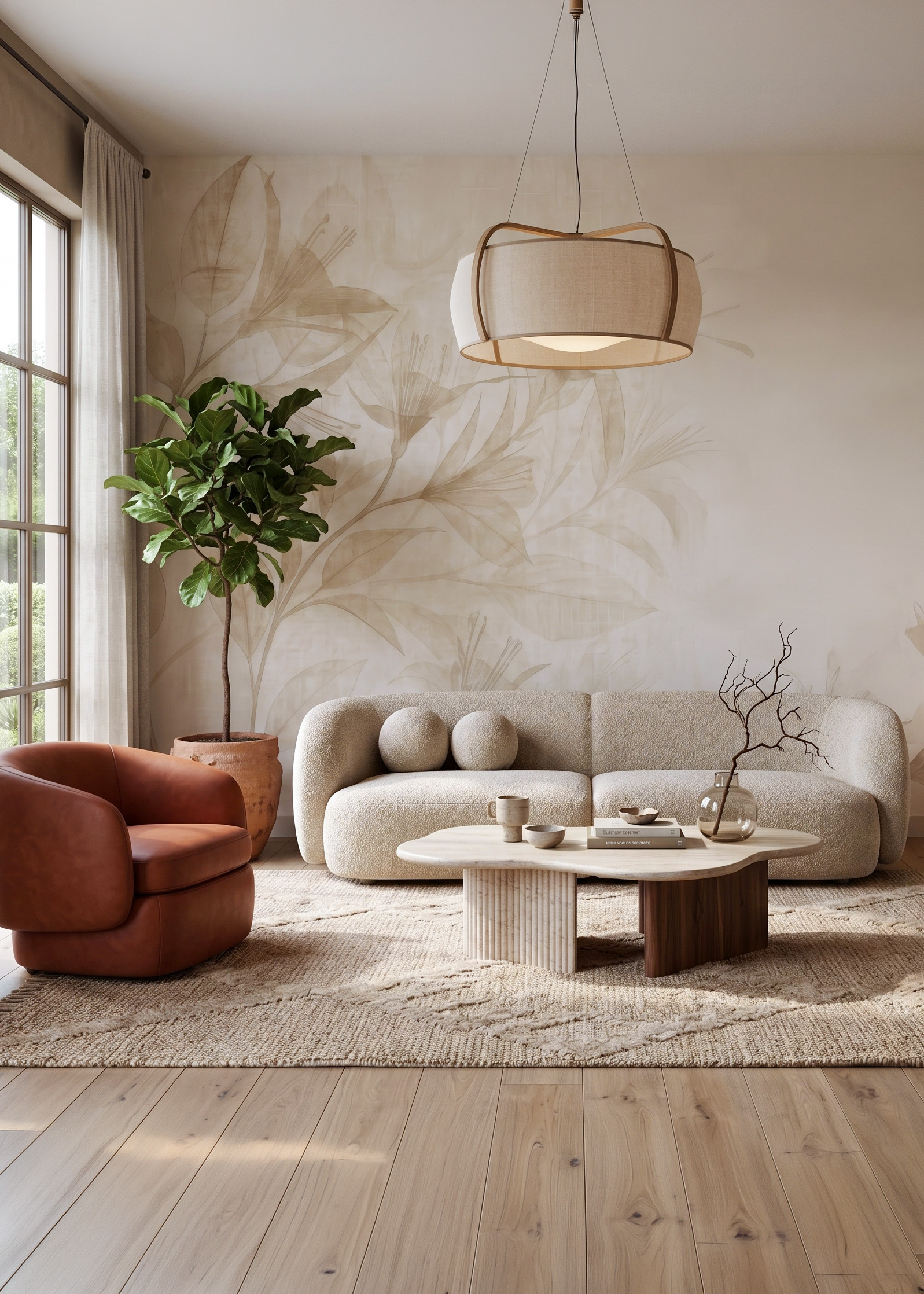 Tapeta beżowa w Lilie "Sand Lily" Japandi. Kadr z wnętrza nowoczesnego salonu z widokiem na sofę, fotel i okno. Główna ściana pokryta jest beżową tapetą Sand Lily z subtelnym wzorem botanicznym. Pośrodku znajduje się obła sofa z tkaniny boucle w kolorze owsianki, a obok niej skórzany fotel terakota. Przed sofą stoi stolik kawowy o nieregularnym kształcie z trawertynu i drewna. Pod stopami dywan z juty o ciekawej fakturze. Po lewej stronie duże, wielo-dzielne okno wychodzące na ogród. Nad stolikiem wisi pleciona lampa wisząca. W kompozycji widać również dużą roślinę Fikus Lyrata w terakotowej donicy, nowoczesną konsolę z ceramiką i dekoracje.