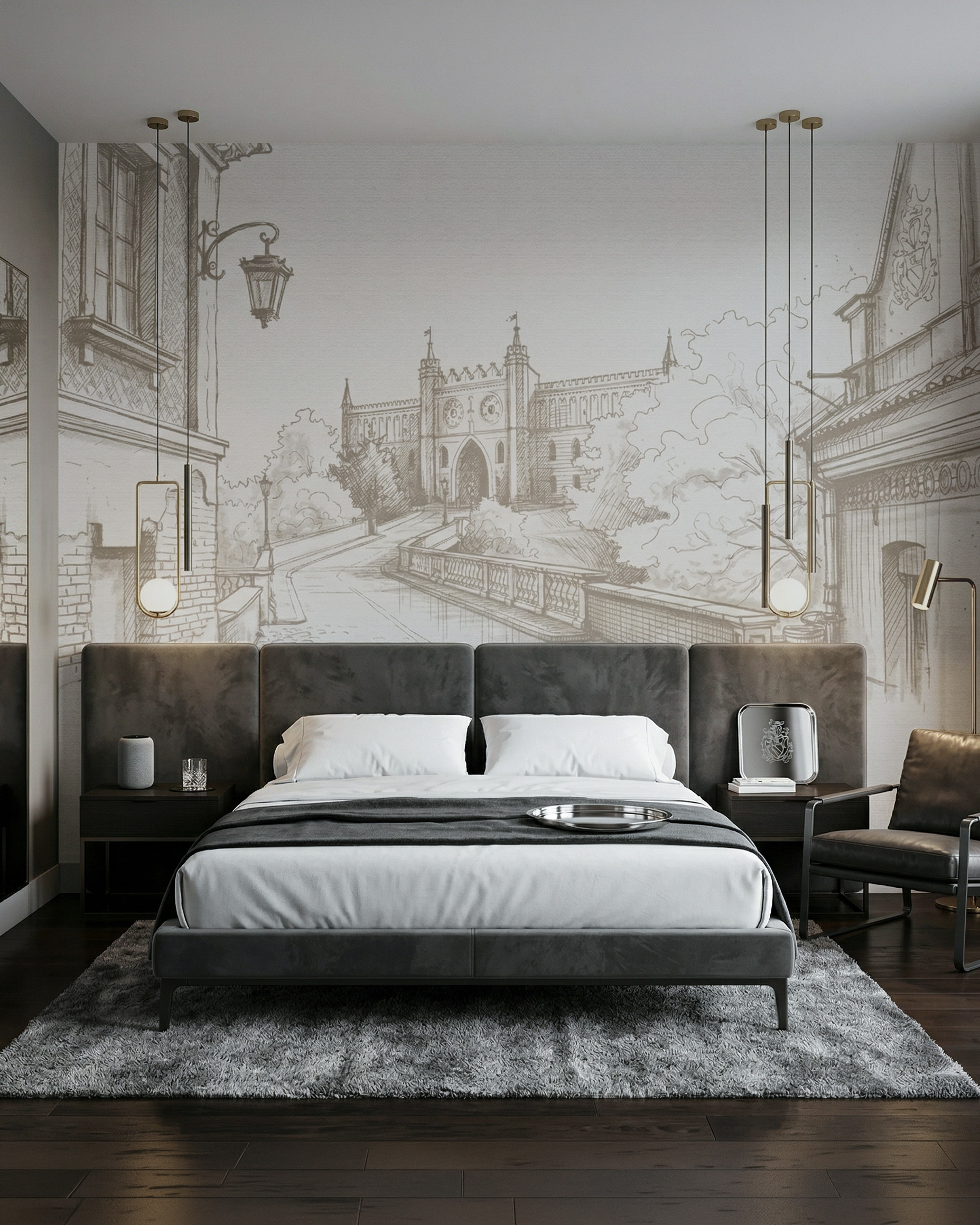 Elegancka sypialnia w odcieniach szarości z dużym łóżkiem. Na ścianie za zagłówkiem znajduje się nowoczesna tapeta z Lublinem, przedstawiająca artystyczny szkic Zamku Lubelskiego i zabytkowej kamienicy.