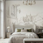 Nowoczesna tapeta z Lublinem przedstawiająca szkic Zamku Lubelskiego na ścianie w eleganckiej, jasnej sypialni z dużym łóżkiem