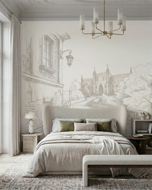 Nowoczesna tapeta z Lublinem przedstawiająca szkic Zamku Lubelskiego na ścianie w eleganckiej, jasnej sypialni z dużym łóżkiem