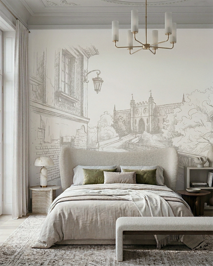 Nowoczesna tapeta z Lublinem przedstawiająca szkic Zamku Lubelskiego na ścianie w eleganckiej, jasnej sypialni z dużym łóżkiem