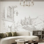 Luksusowy pokój hotelowy z dużym łóżkiem, nad którym widnieje nowoczesna tapeta zamek lubelski przedstawiająca Zamek Lubelski w formie subtelnego, beżowego szkicu.