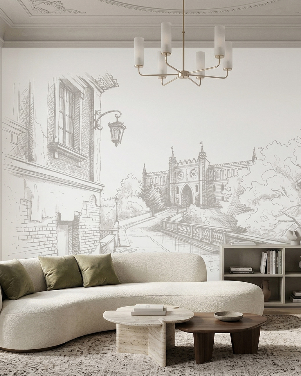 Luksusowy pokój hotelowy z dużym łóżkiem, nad którym widnieje nowoczesna tapeta zamek lubelski przedstawiająca Zamek Lubelski w formie subtelnego, beżowego szkicu.