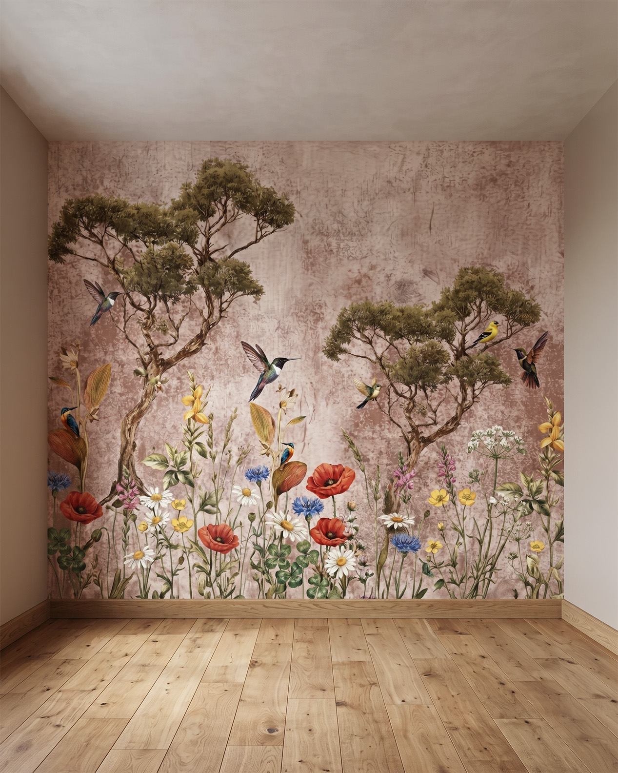 Tapeta na Wymiar: Botaniczna Łąka, Kolibry i Drzewa w Stylu Vintage Tapeta na wymiar przedstawiająca malowniczy krajobraz z drzewami, latającymi kolibrami, zimorodkami oraz polnymi kwiatami, takimi jak czerwone maki i chabry, na teksturowanym, przecieranym tle w stylu vintage.